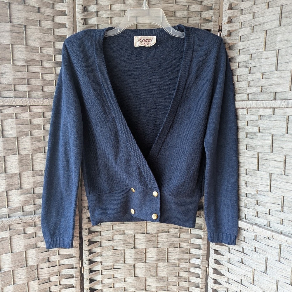 Vtg‎ 80s Navy Blue Cropped Cardigan Gold Buttons Preppy Nautical Sweater USA 8